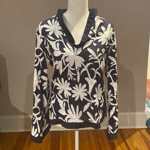 Tory Burch navy & white embroidered top